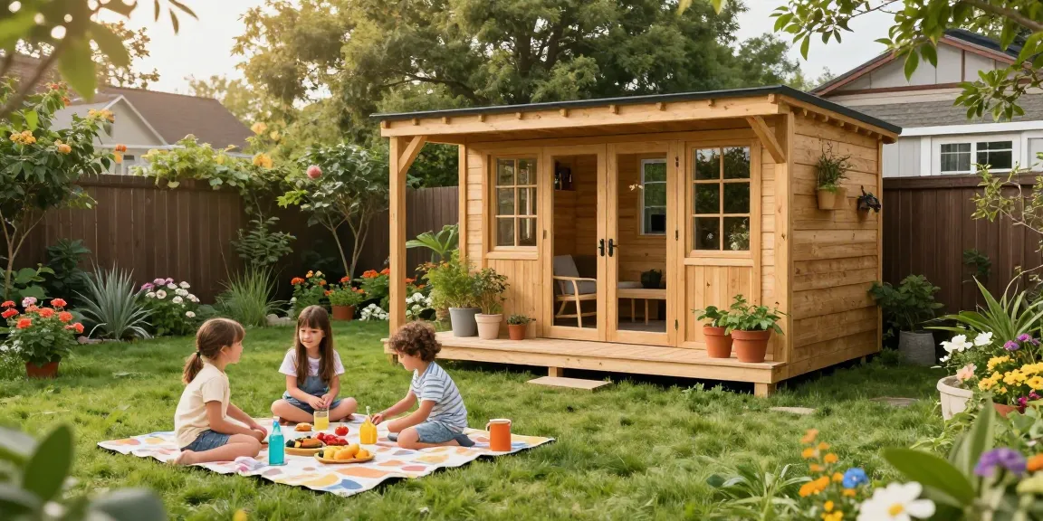 Gemütliches Gartenhaus von McGarden24 im Familiengarten, ideal für Gartenabenteuer und Entspannung.