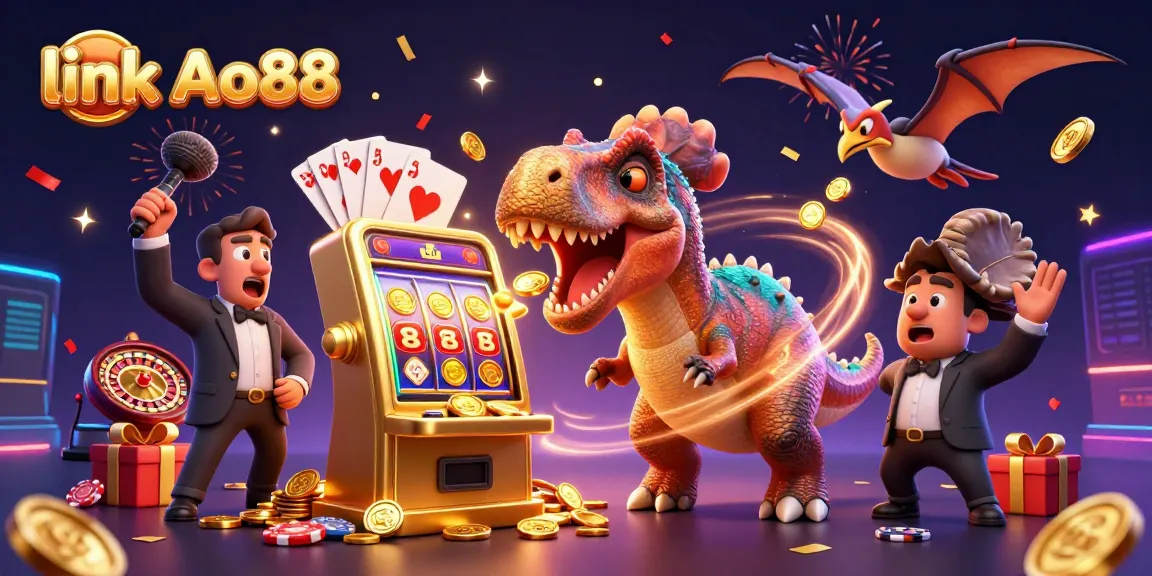 Engage in thrilling gameplay with link Ao88 as a pachycephalosaurus activates a golden slot machine.