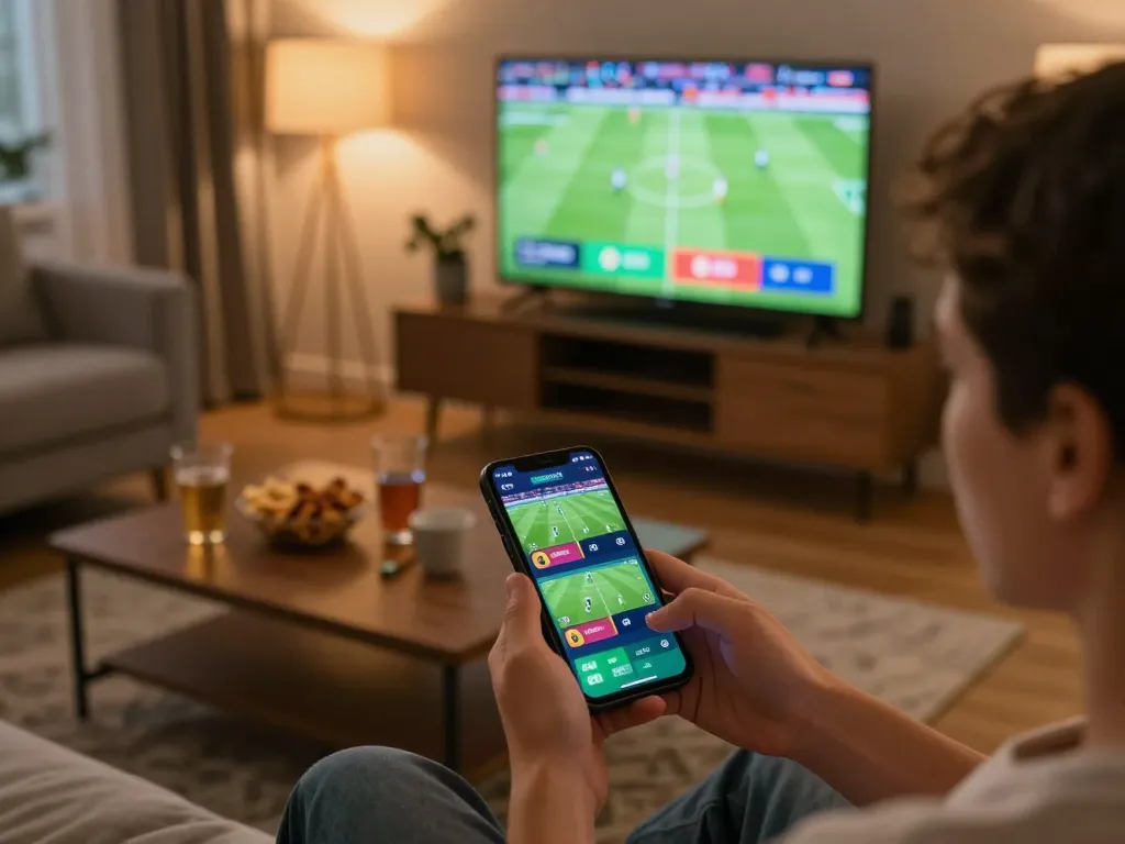Engaging in kèo nhà cái 88 sports betting on smartphone in a cozy living room while watching a live game.