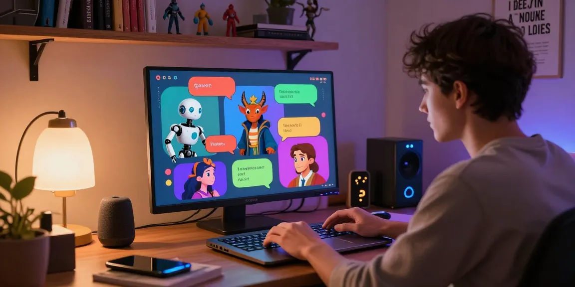Engaging character AI NSFW interaction scene showcasing diverse AI avatars and warm lighting.