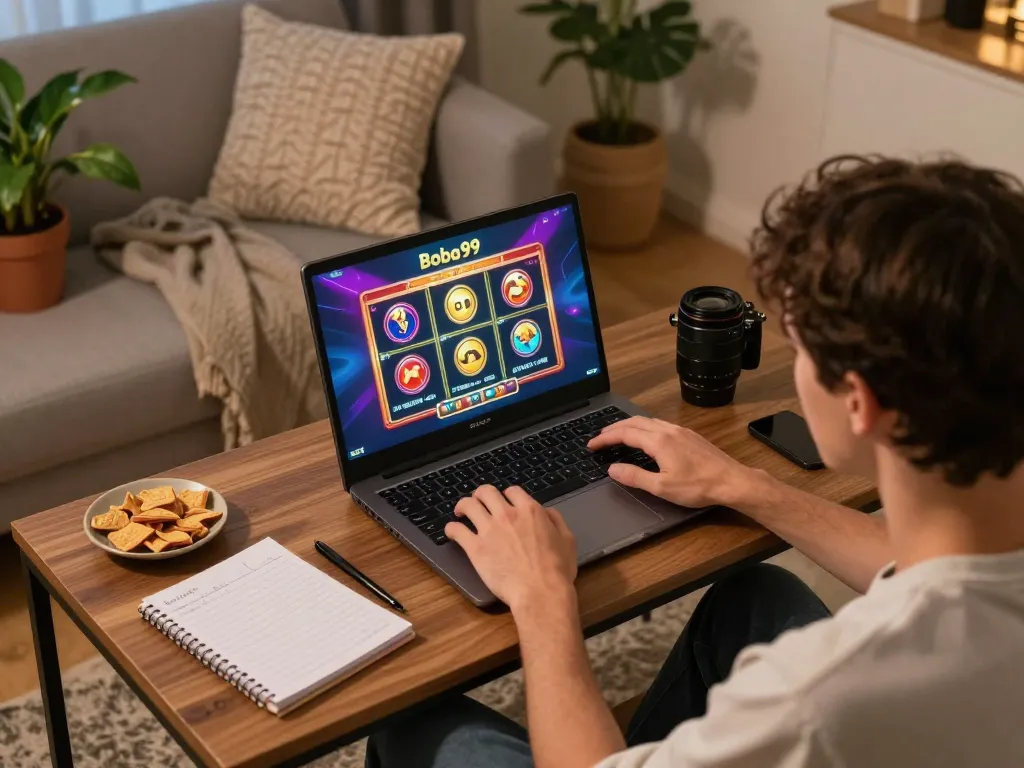 Momen Login Boba99 yang menarik menampilkan pemain online yang terbenam dalam permainan slot berwarna-warni di rumah.