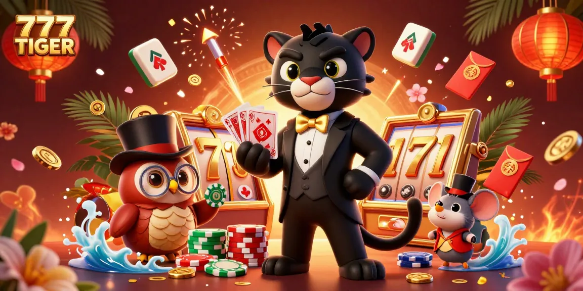Engage with captivating games at 777TIGER, a dynamic illustration showcasing casino characters and vibrant elements.