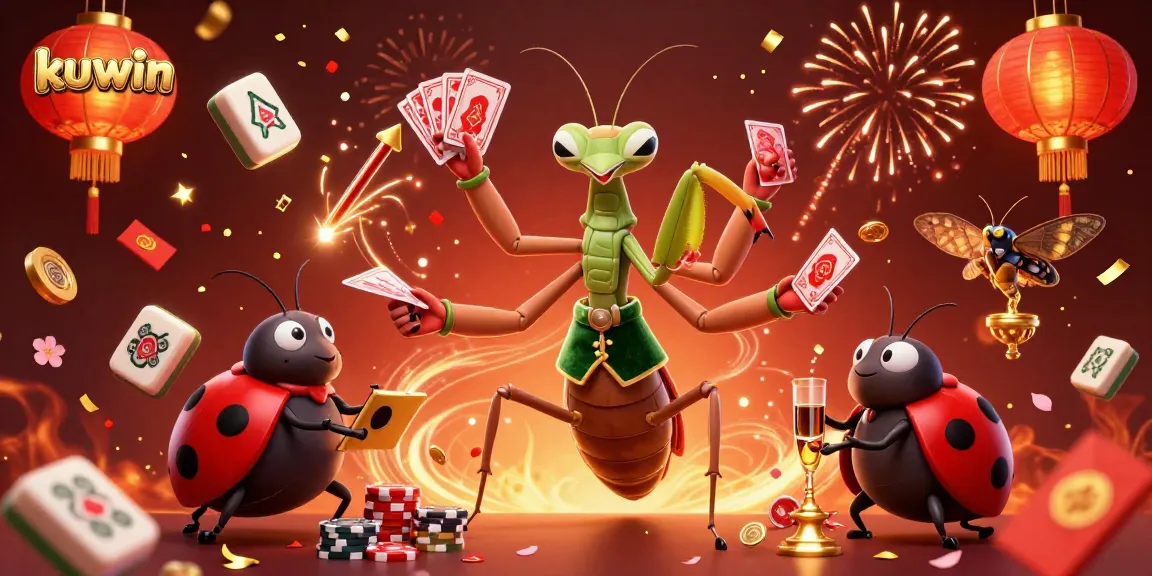Experience vibrant gameplay at kuwin with giant mantis card sharp and ladybug pit boss amidst festive decorations.