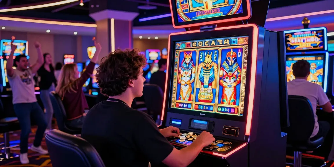 Player enjoying the Cleocatra slot game in a vibrant casino setting, surrounded by neon lights and excitement.