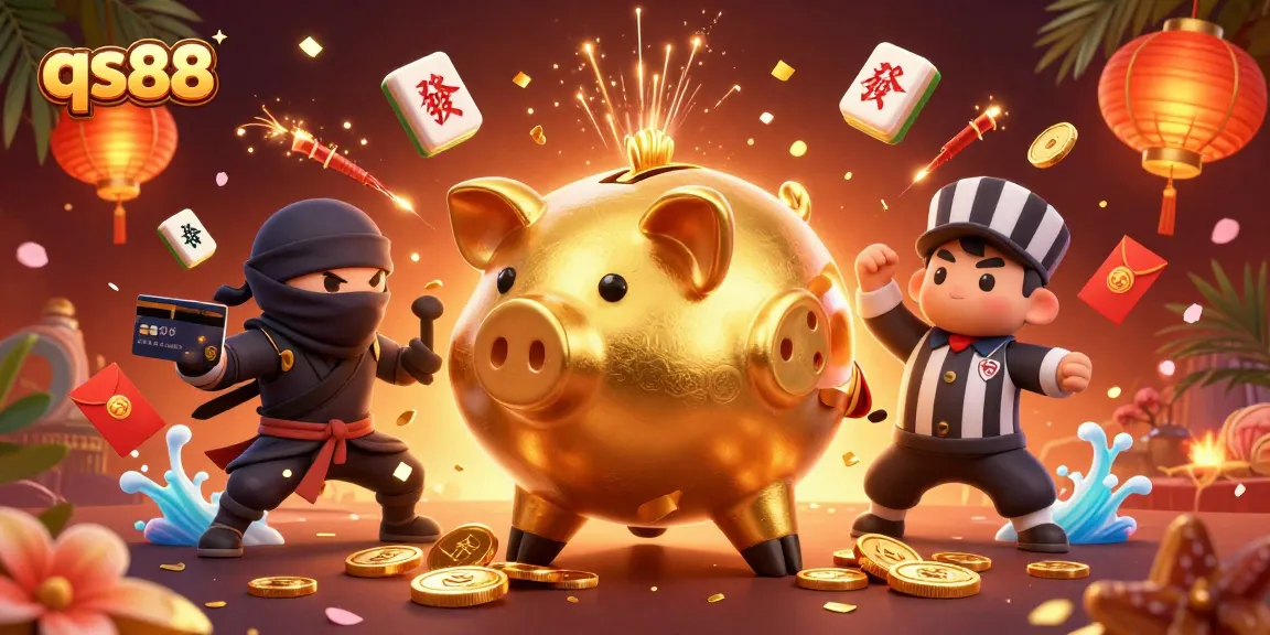 Engage with qs88's dynamic gaming scene showcasing winning strategies with a piggy bank sumo wrestler.
