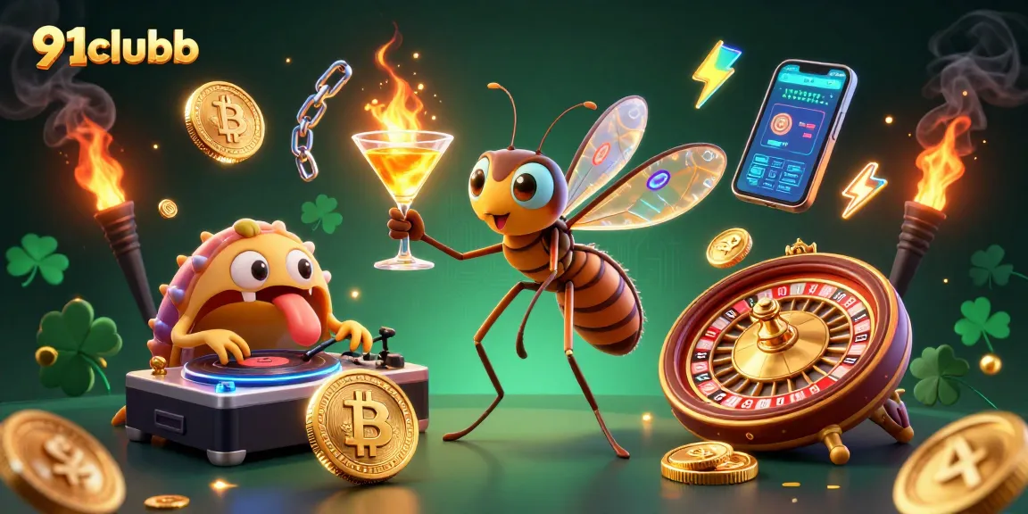 Engage with 91clubb in a vibrant casino-themed digital illustration featuring unique mascots and crypto elements.