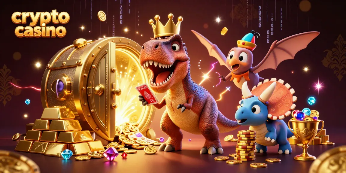 Profitez de la magie du crypto casino avec un T-Rex jouant aux cartes entouré de richesses brillantes.