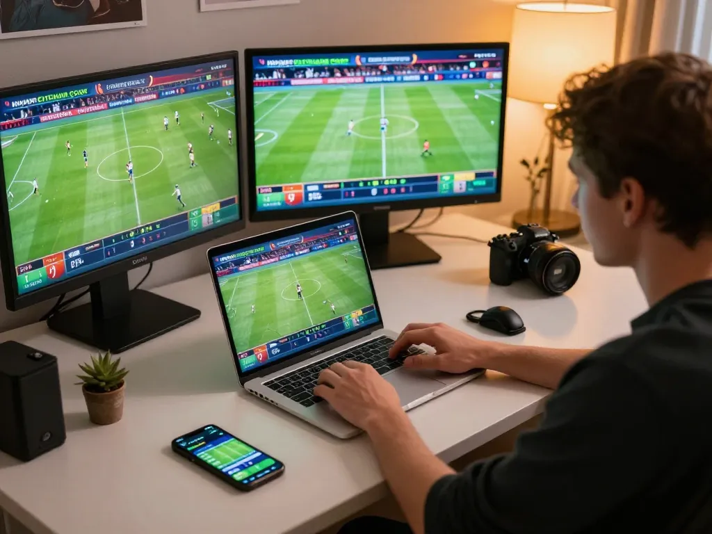 Person engaging in sports betting on keonhacaii website using laptop and app for live updates.