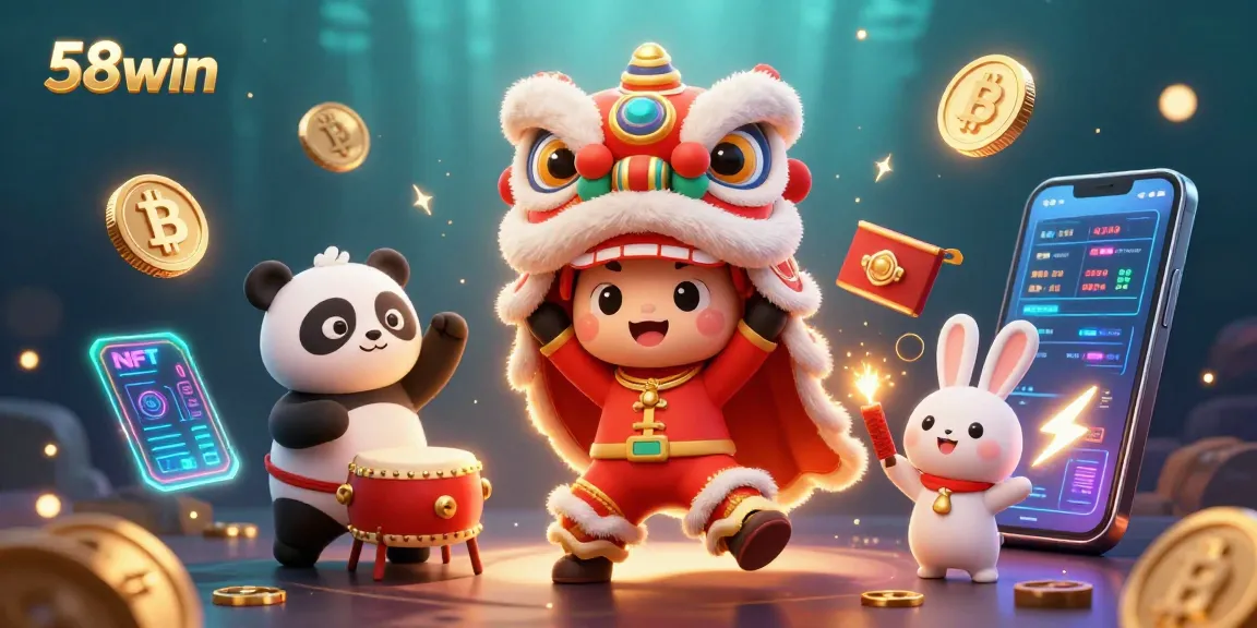Join the excitement of 58win with colorful lion dance and crypto elements in vibrant 3D!