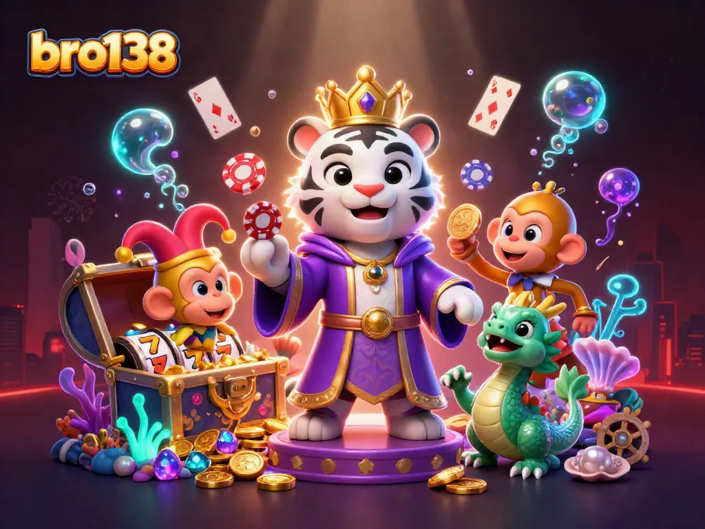 Experience the excitement of bro138 slots, with a dazzling 3D illustration featuring tiger royalty, playful monkeys, and treasure.