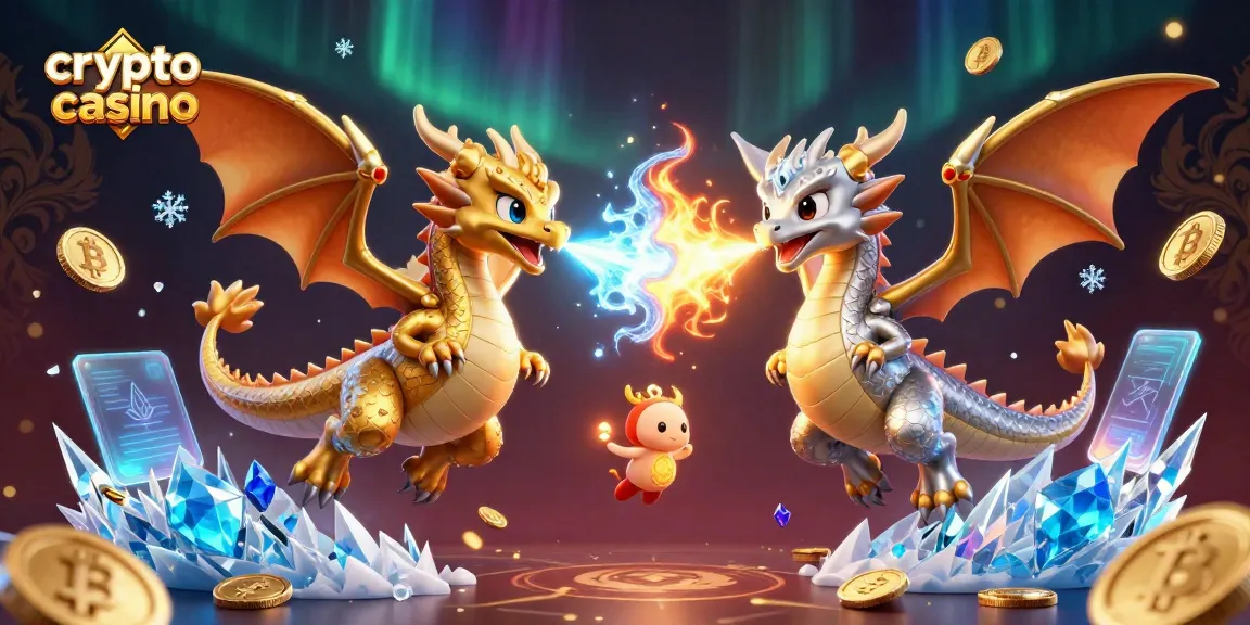 Jouez au crypto casino avec des dragons de casino 3D entourés de pièces Bitcoin et Ethereum.