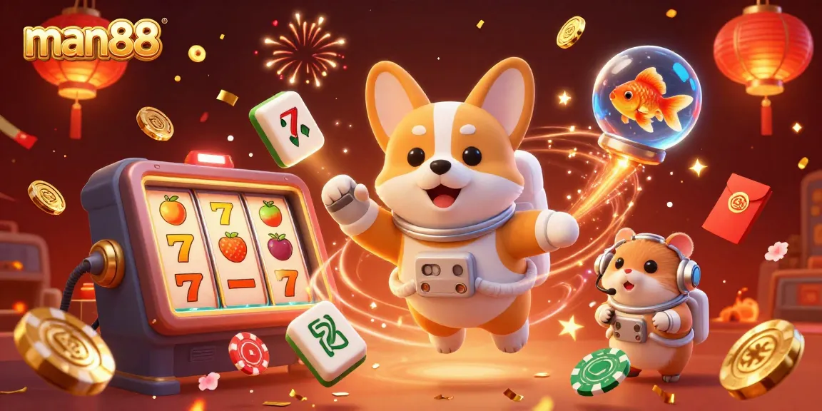 Play exciting casino games at man88 with floating characters and vivid graphics celebrating wins.