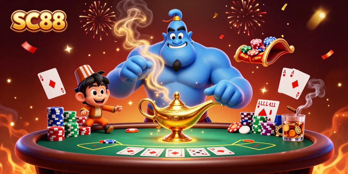 Experience thrilling casino action with SC88 as a genie bursts forth surrounded by poker chips.