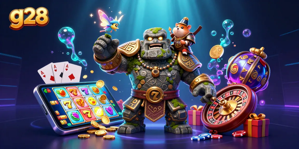 Experience the magic of g28 with a dynamic casino scene featuring a golem, a fairy, and a hamster knight.