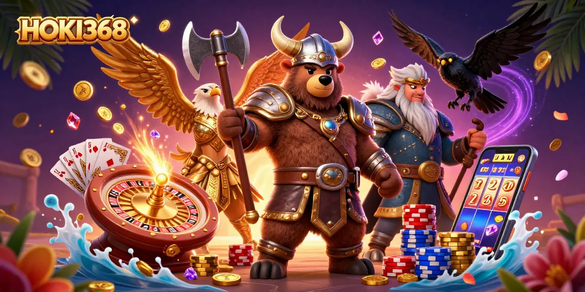 Experience thrilling gameplay at HOKI368 with a Viking bear, Valkyrie eagle, and dynamic casino elements.