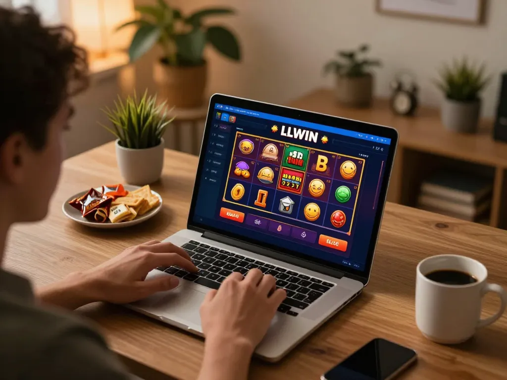 Engaging scene of LLWIN Download on a laptop demonstrating online casino games in a cozy home office.