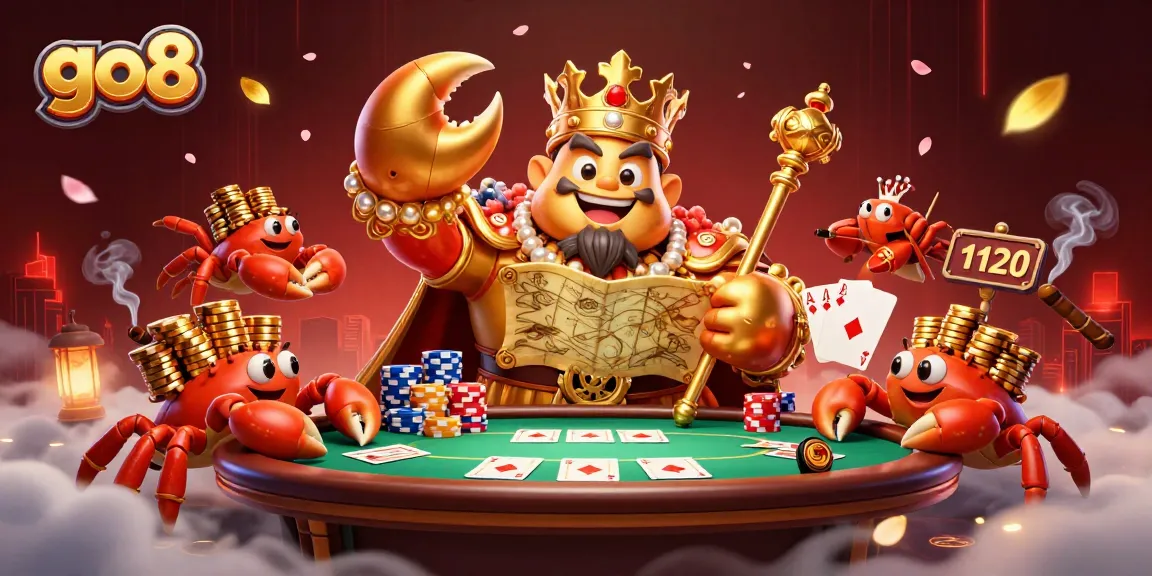 Engage in exciting gameplay at go8 with a detailed 3D illustration featuring a golden crab emperor in a poker-themed casino.