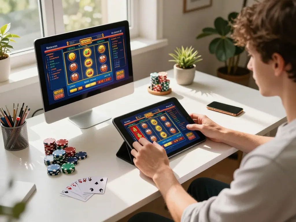 Participer à un casino en ligne paiement rapide avec une tablette, mettant en avant des moments de jeu vibrants à la maison.