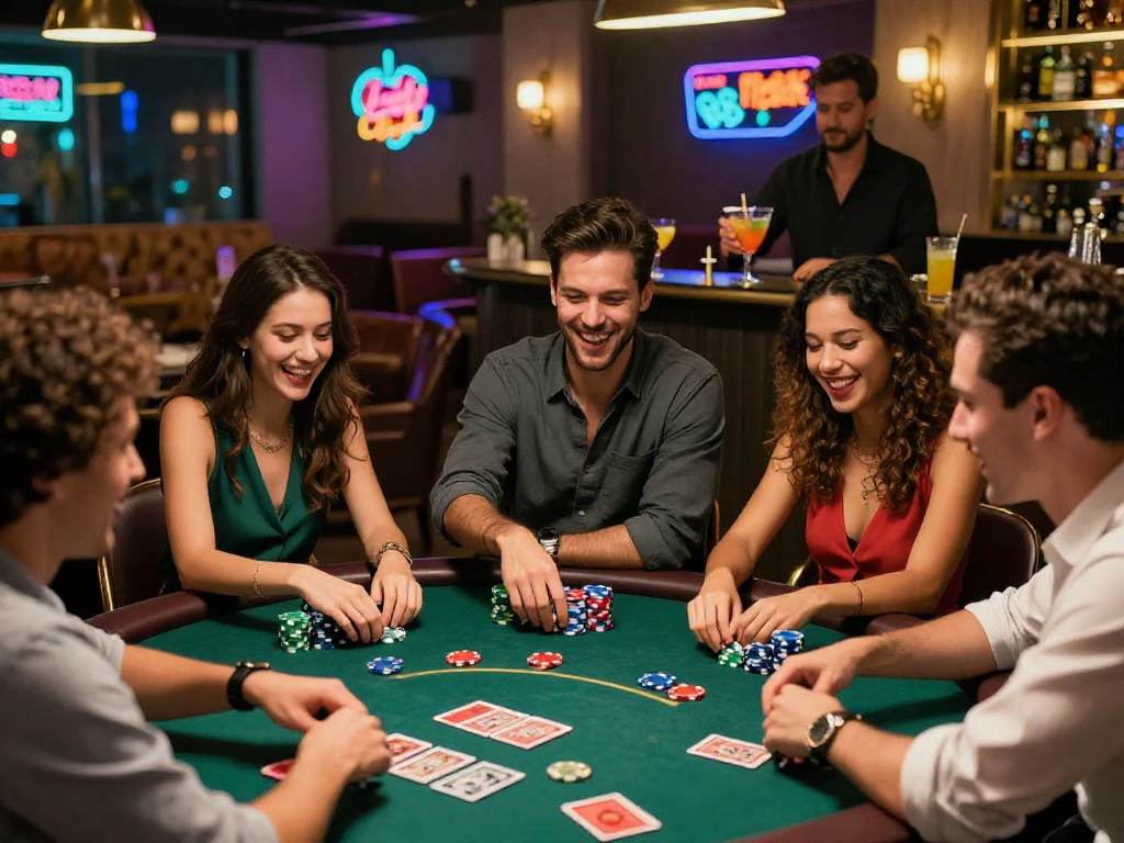 Un gruppo di amici che gioca a poker in un casinò non aams sicuri, divertendosi in un ambiente vivace e luminoso.