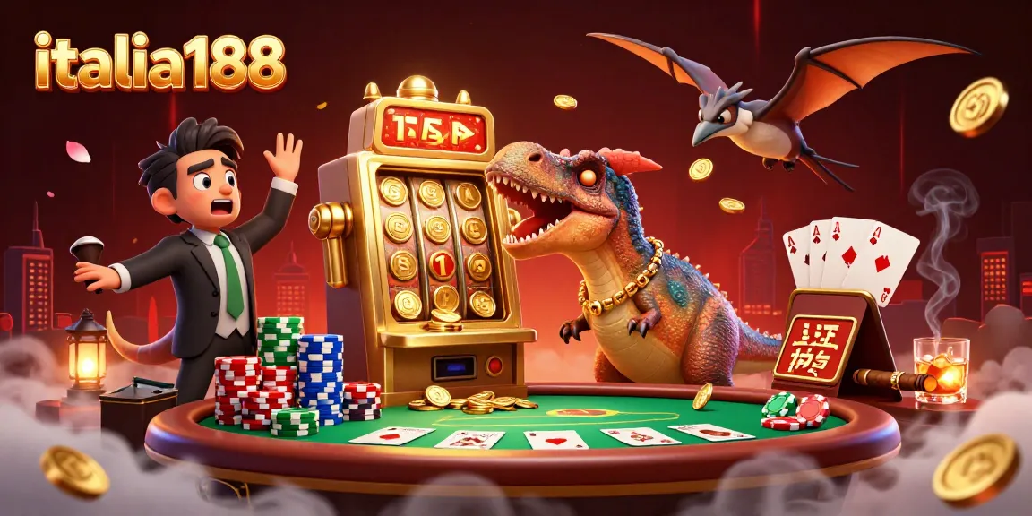 Italia188 memperlihatkan dinosaur pachycephalosaurus menabrak mesin slot emas, menghasilkan koin jackpot di kasino.
