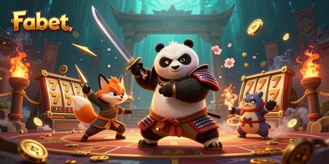 Engage with Fabet's vibrant casino action featuring a samurai panda and ninja fox in a thrilling gaming scene.