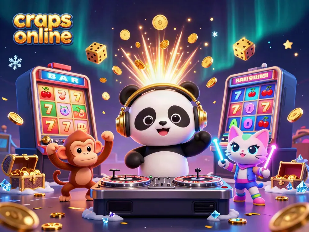 Experience the excitement of craps online with this vibrant 3D illustration featuring a DJ panda and casino elements.