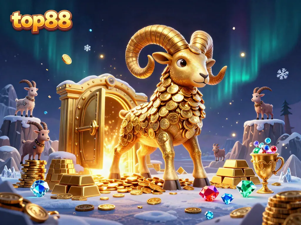 Engage with top88's vibrant casino scene featuring a golden ram charging through a treasure vault.