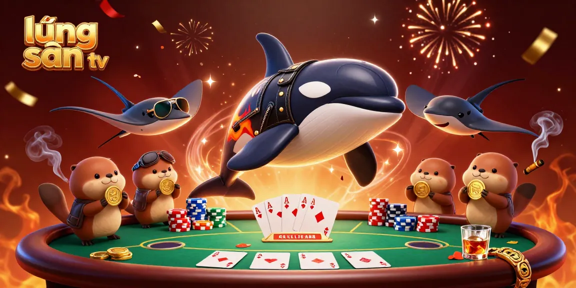 Lương Sơn TV showcases a vibrant casino scene with a dynamic orca, stingray, and otters amidst poker elements.
