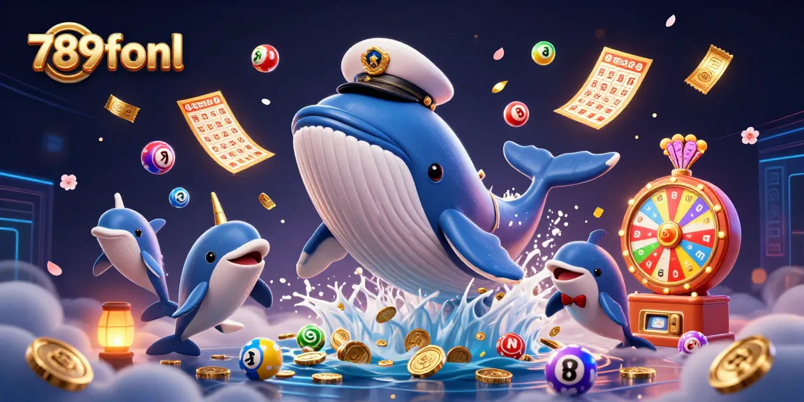 Splash into excitement at 789fonl with a captivating scene of a whale and playful dolphins surrounded by lottery elements.