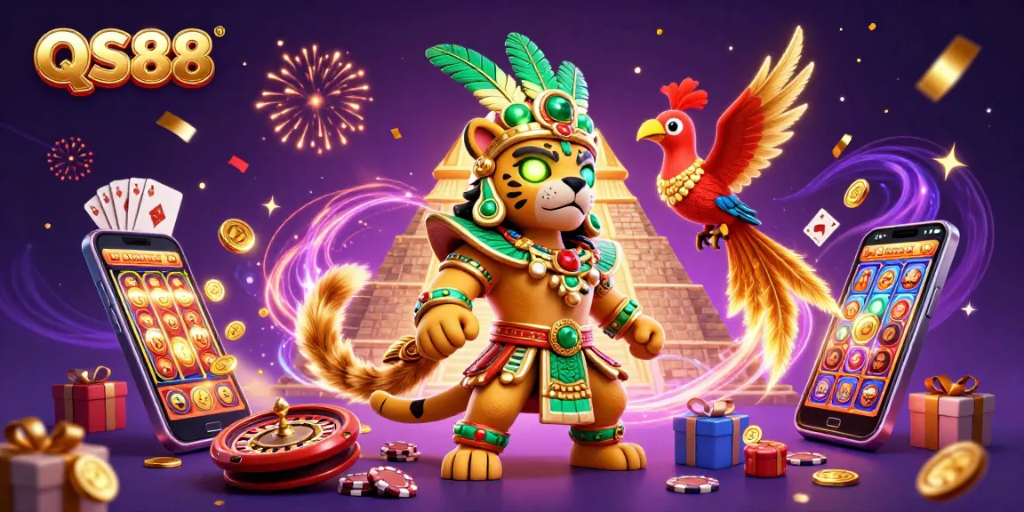 Experience thrilling action and vibrant fun with QS88 in a colorful 3D casino scene packed with entertainment elements.
