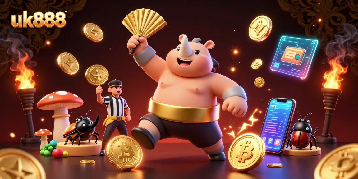 Engage with thrilling slots at uk888 as a rhinoceros beetle sumo champion creates a coin storm in a vibrant casino.