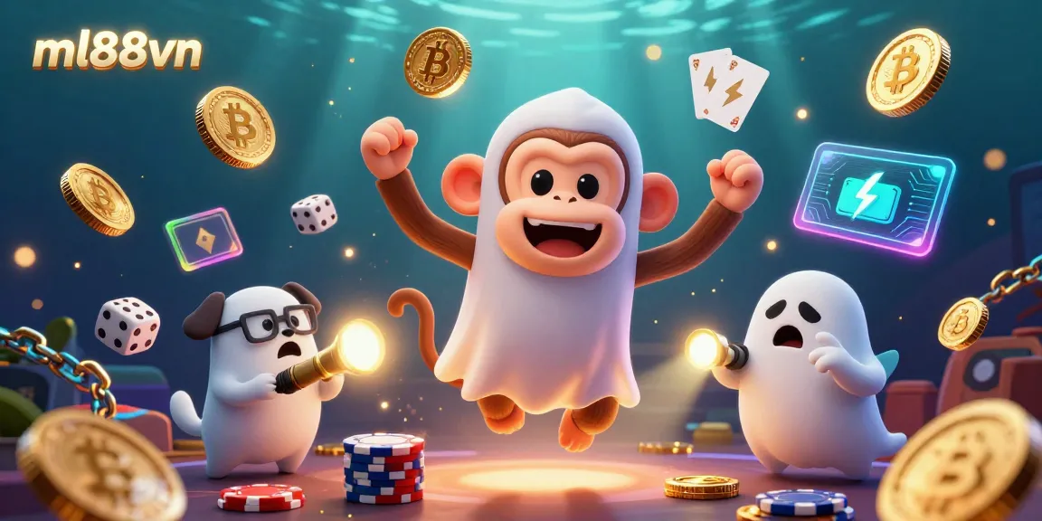 Experience thrilling casino action with ml88vn, featuring a playful monkey and ghost-hunter puppy in a vibrant gaming scene.