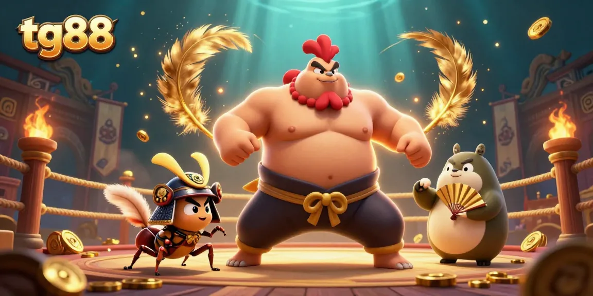Play thrilling tg88 games with sumo rooster and samurai cricket in an action-packed casino scene.