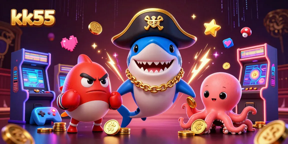 kk55 engages players with thrilling games featuring a pirate shark, pufferfish, and octopus in vibrant 3D art.