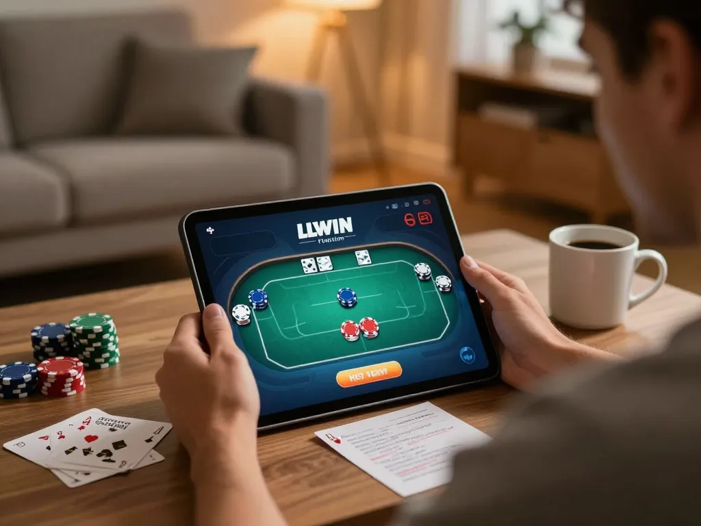 Engaging with LLWIN Function on a tablet for a modern online poker strategy session.