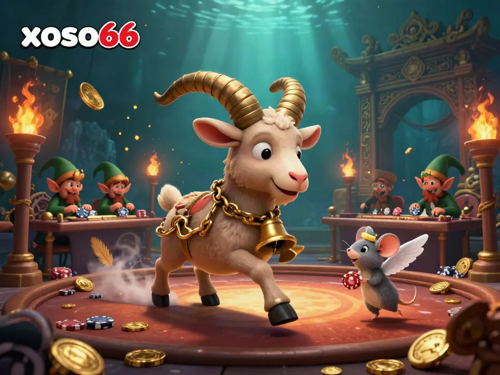 Experience the thrill of xoso66 with a festive casino scene showcasing a Krampus goat and mischievous gremlins.