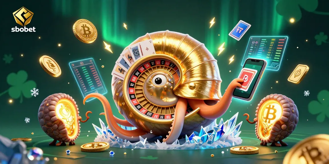 sbobet sports betting illustration featuring a giant nautilus roulette wheel and Bitcoin coins