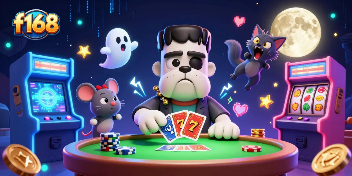 Experience thrilling gameplay at f168 with Frankenstein bulldog dealing cards amidst vibrant casino elements.