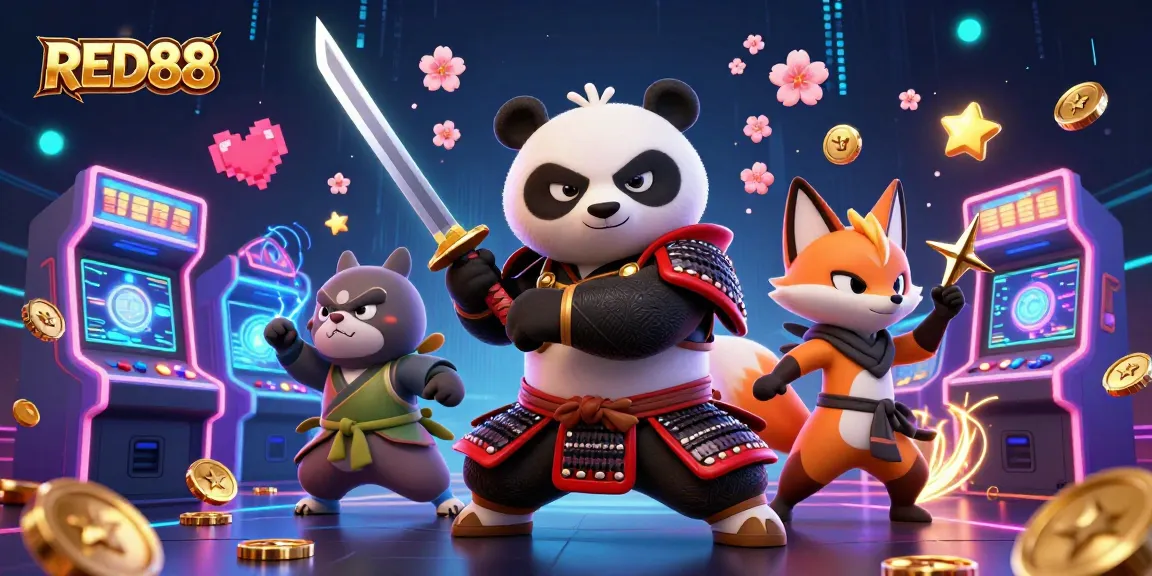 Engage with RED88's vibrant casino gaming scene featuring a samurai panda and ninja fox.