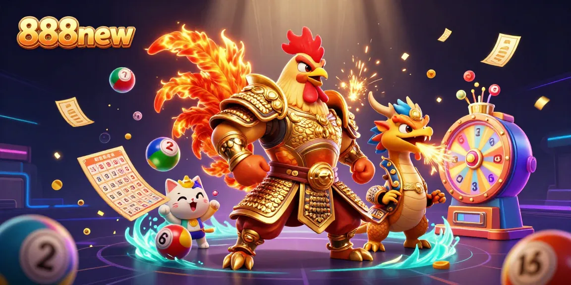 Engage with 888new's vibrant gaming scene featuring a cartoon rooster warrior, dragon hatchling, and dynamic lottery elements.