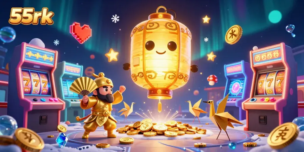 Experience excitement with 55rk featuring a glowing lantern spirit amidst vibrant casino games.