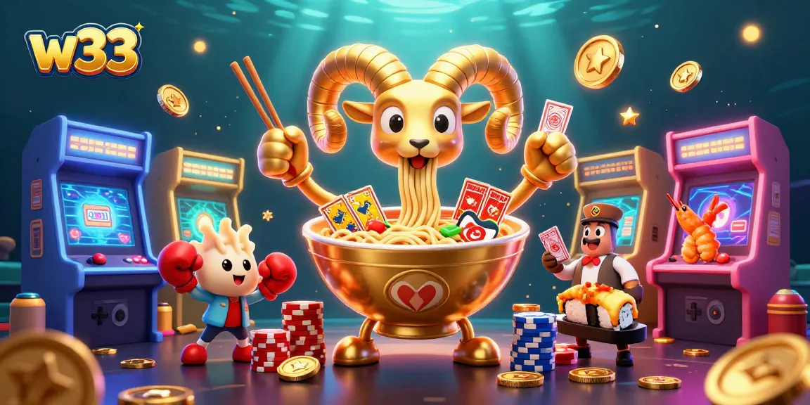 Engage in thrilling w33 gaming with vibrant 3D characters, arcade elements, and casino themes.