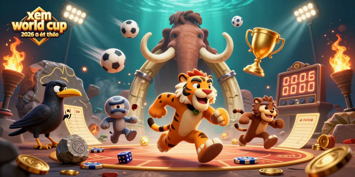 Xem world cup 2026 trên điện thoại with playful caveman and tiger duo in a vibrant casino setting.