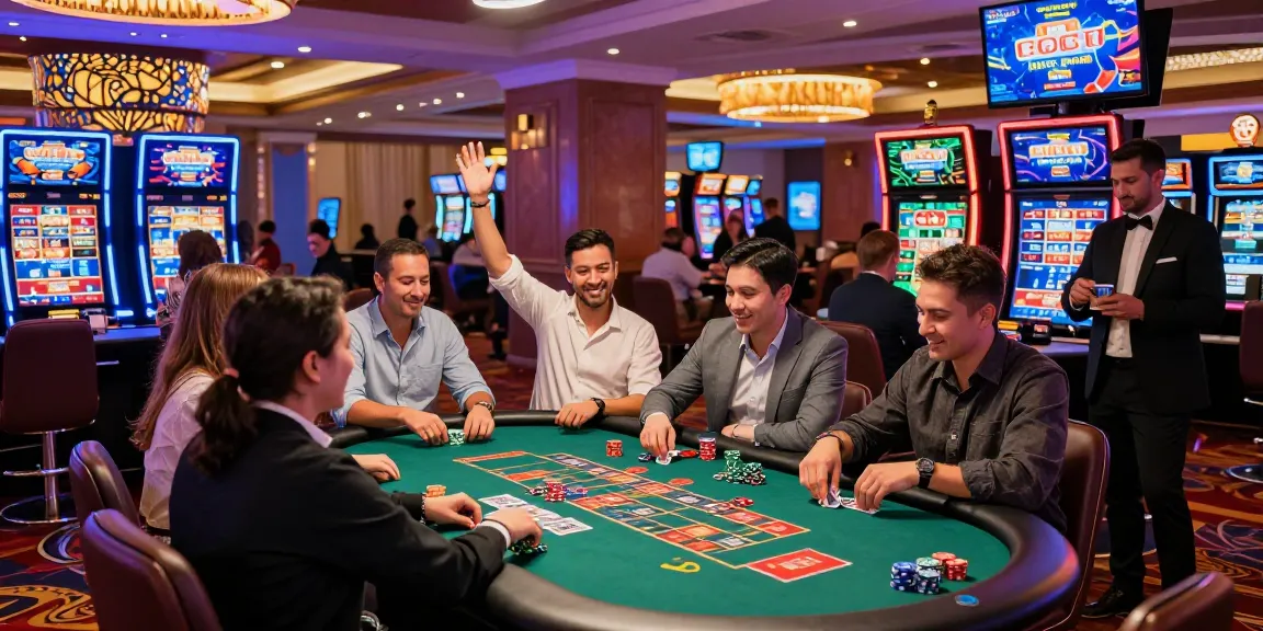 Scena emozionante di casino non aams sicuri con giocatori che festeggiano le vincite ai tavoli da gioco vivaci.