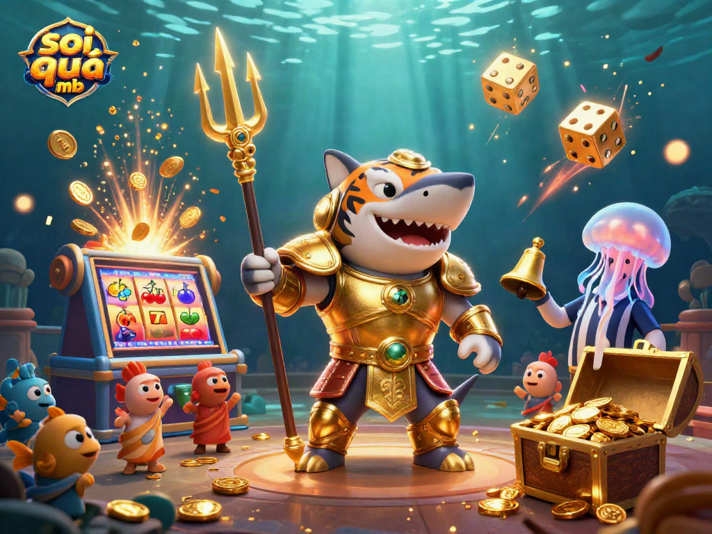 Engage in exciting gameplay with soi cầu mb featuring a vibrant scene of a shark gladiator and riches.