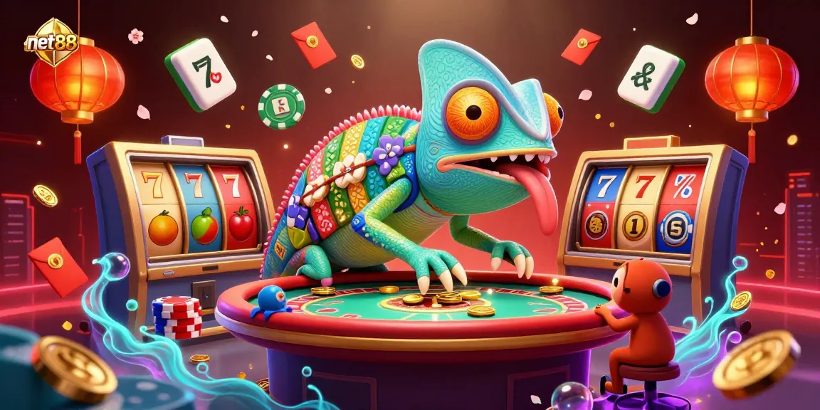 Experience the vibrant action at net88 with a chameleon casino owner amidst 3D slot reels and festive elements.