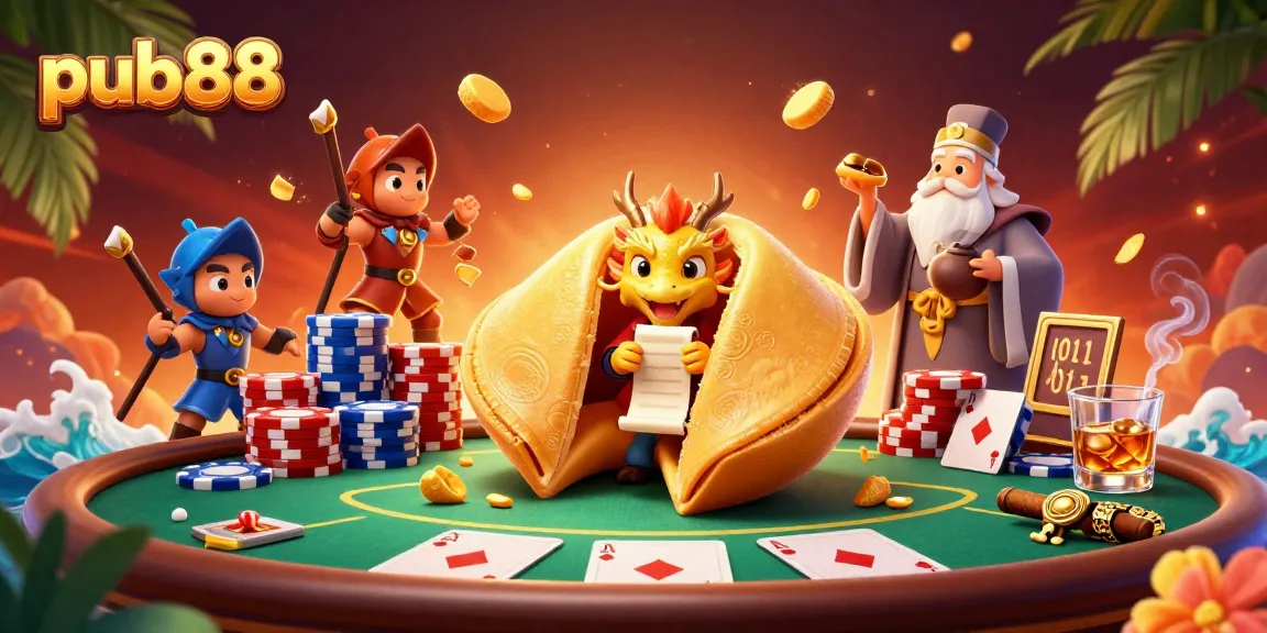 Play exciting games at pub88 with dynamic poker action featuring a golden fortune cookie.