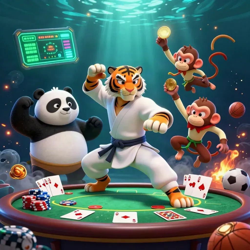 Tiger, panda and monkey clash around poker chips under neon casino lights.