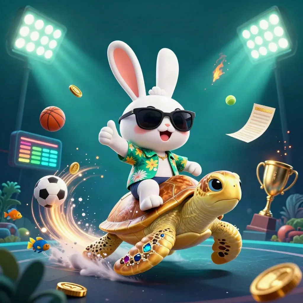 Lucky rabbit rides a golden turtle through neon sports-casino chaos underwater.