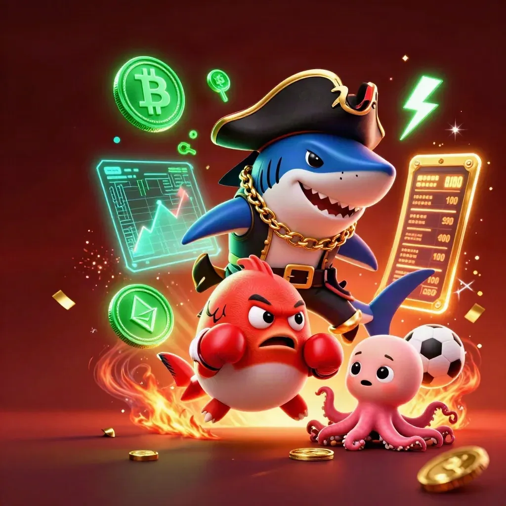 Pirate shark, pufferfish, and baby octopus amid neon betting energy and crypto coins.
